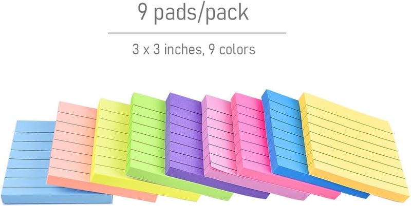 WSPER 9 Pack Lined Sticky Notes 3”x3” Bright Colors Self-Stick Note Pads with Line, 9 Colors Bulk Sticky Memo Pad for School, Office, Meeting - Image 4
